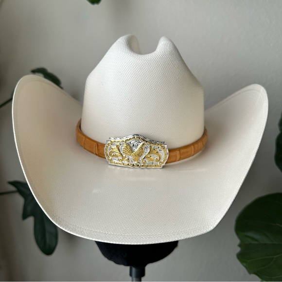 Old Stone cowboy hat straw tan western gold silver band 100x - Picture 10 of 12